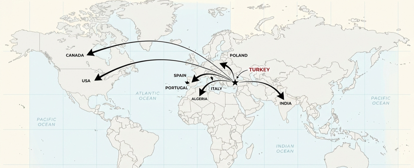 Map of DELFI's export routes from Turkey to Canada, USA, Portugal, Spain, Italy, Algeria, Poland and India